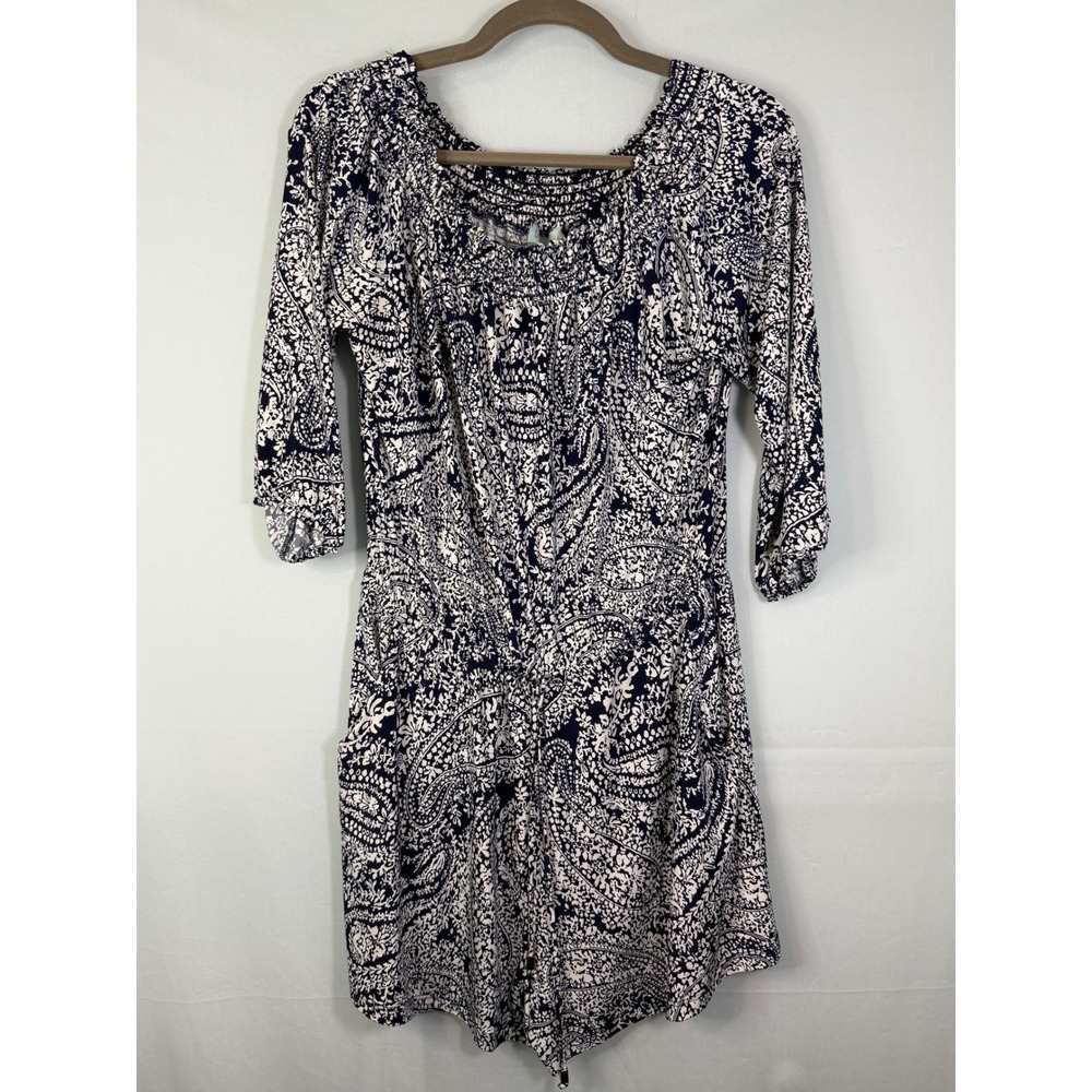Veronica M Paisley Romper Womens Large Navy Blue Smocked Off Shoulder 3/4 Sleeve